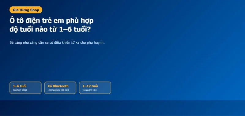 So sánh độ tuổi phù hợp giữa các mẫu ô tô điện trẻ em còn hàng tại Gia Hưng — Rubbion 9188 1-6 tuổi, Lamborghini NEL 603 có Bluetooth, Mercedes G63 1-12 tuổi