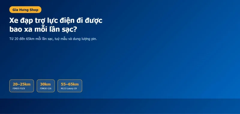 So sánh quãng đường đi được mỗi lần sạc giữa các mẫu xe đạp điện tại Gia Hưng — FIMOO FLEX 20-25km, FIMOO G26 30km, M133 Luxury G9 55-65km